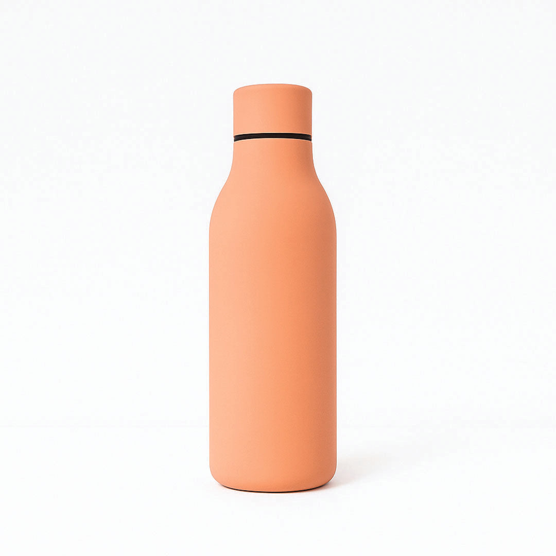 Pink water bottle with a black band on a white background