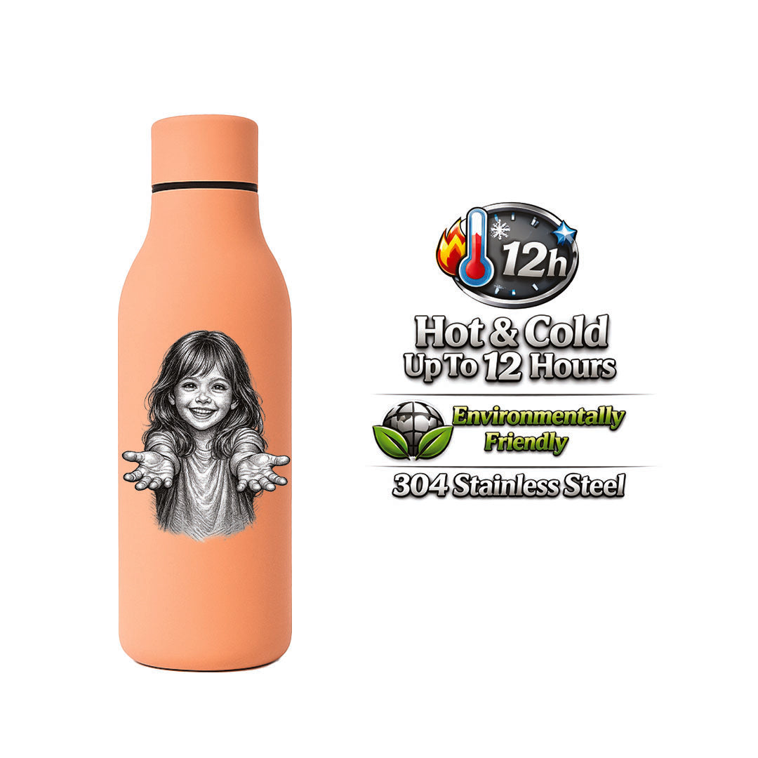 Peach-colored water bottle with a child's face illustration and product features on a white background