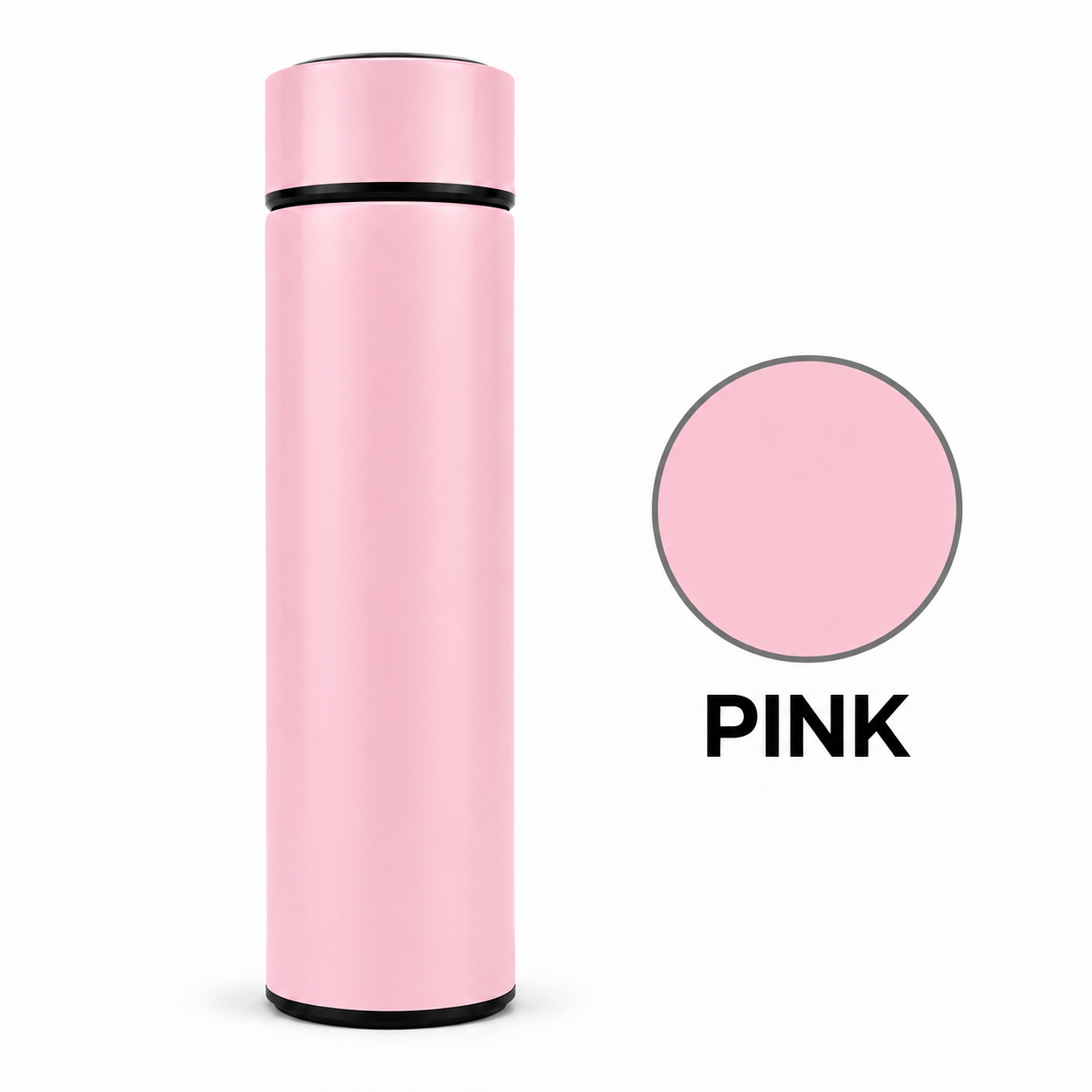 A tall, slim pink insulated tumbler with a matching pink lid and small black accent rings near the top and bottom, shown on a white background next to a circular pink color swatch labeled 'PINK'.