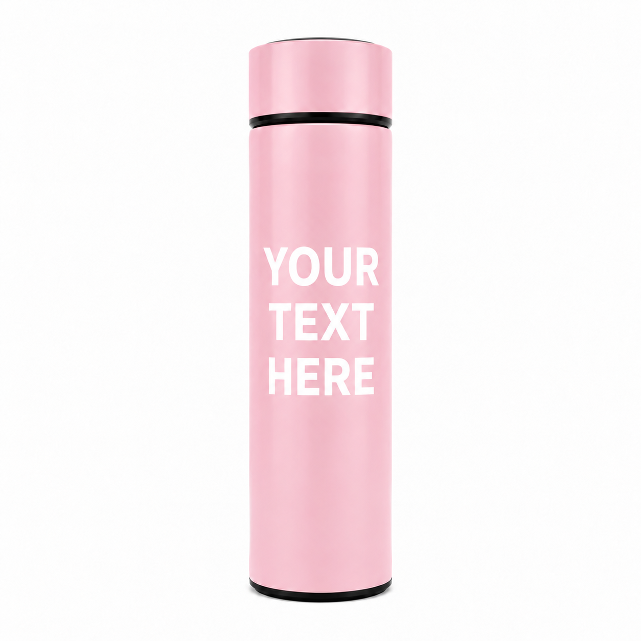 A pink cylindrical travel tumbler with a matching pink lid, featuring the placeholder text 'YOUR TEXT HERE' in white on the front. The tumbler has black accents at the top and bottom rims, set against a plain white background.