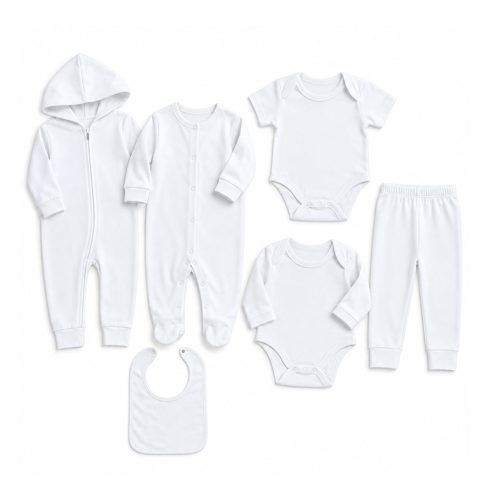 A baby clothing set laid out on a white background, including a hooded zip sleeper, a long-sleeve footless sleeper, a short-sleeve bodysuit, a pair of pants, a long-sleeve bodysuit, and a bib.
