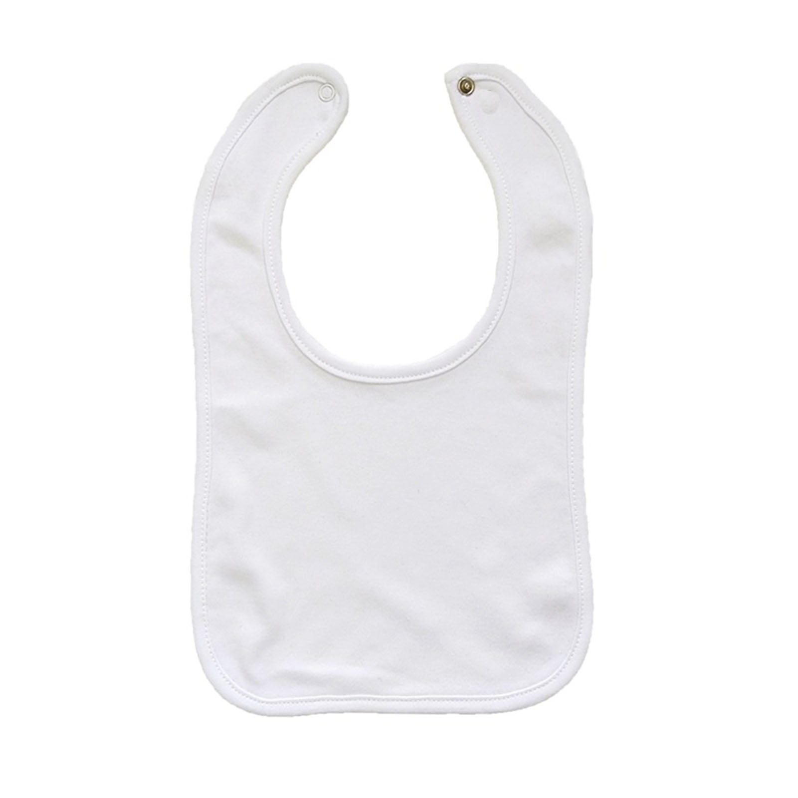 A white cotton baby bib with rounded corners and two metal snap buttons at the top, shown flat against a white background.