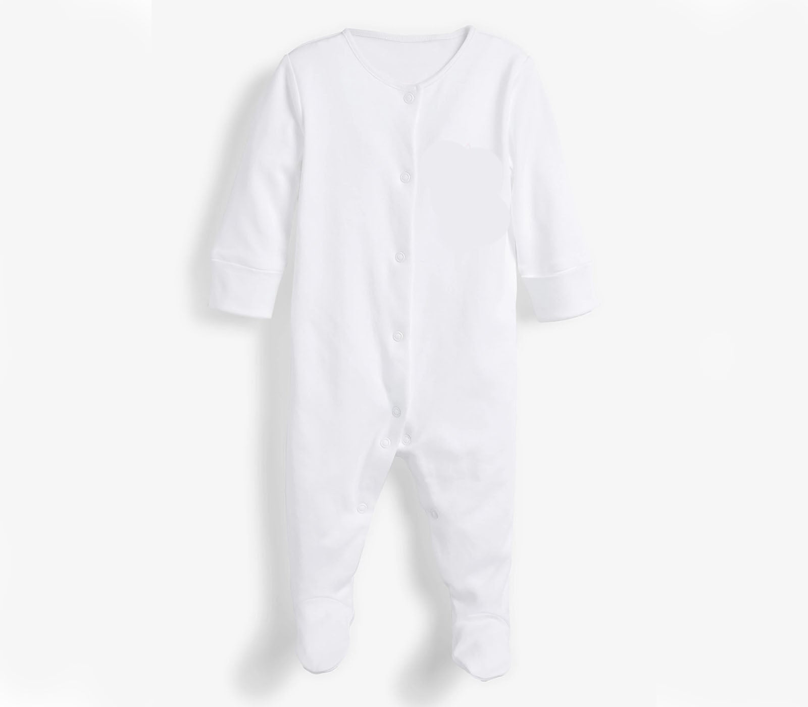 A white long-sleeve baby footed sleeper with a snap button closure and a chest pocket, shown against a plain white background.
