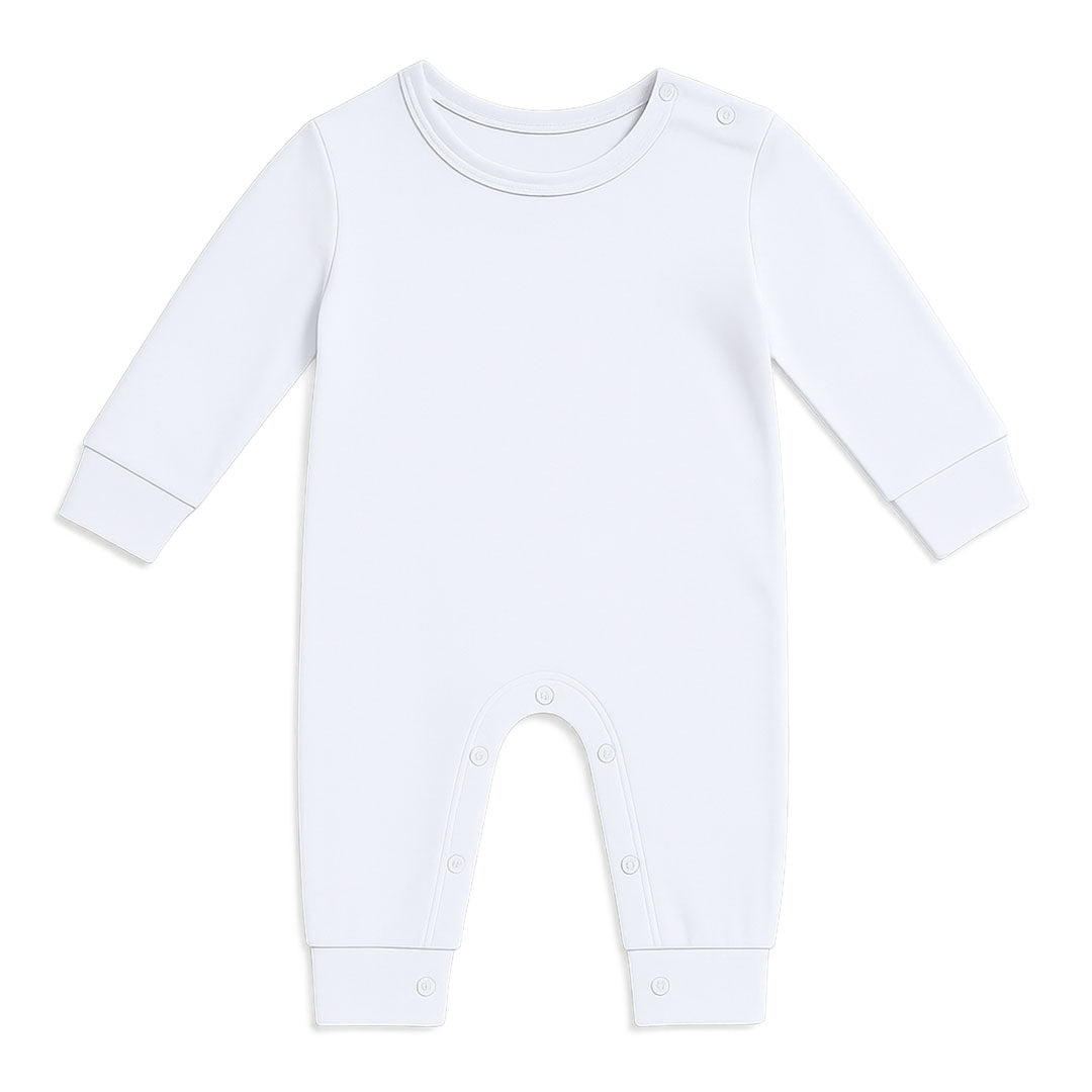 A white long-sleeve baby romper with snap closures on the crotch and armholes, shown flat on a white background.