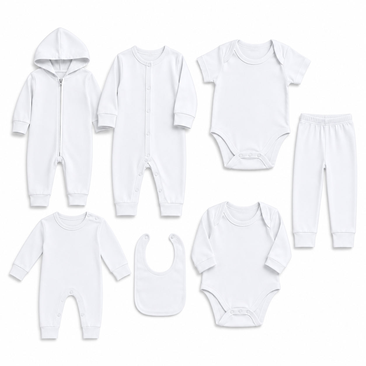 A 7-piece white baby clothing set laid out flat on a white background, including a hooded zip sleeper, long-sleeve button-down sleeper, short-sleeve bodysuit, pants, long-sleeve bodysuit, bib, and another short-sleeve bodysuit.