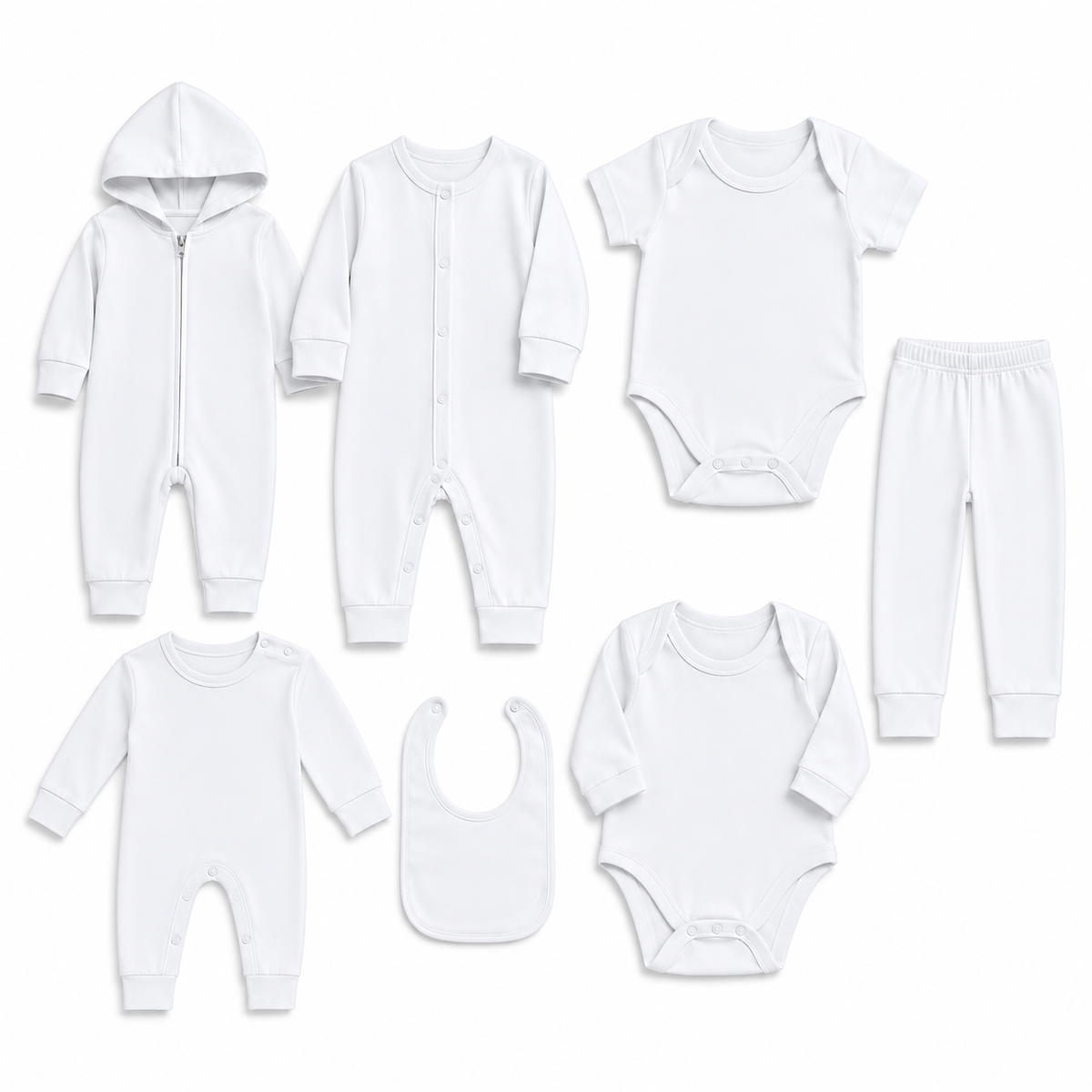 A 7-piece white baby clothing set laid out flat on a white background, including a hooded zip sleeper, long-sleeve button-down sleeper, short-sleeve bodysuit, pants, long-sleeve bodysuit, bib, and another short-sleeve bodysuit.