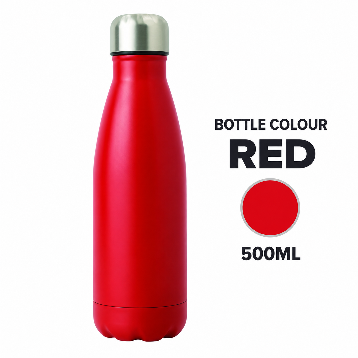 A 500ml red insulated water bottle with a silver stainless steel cap, shown next to text indicating 'BOTTLE COLOUR RED' and '500ML' on a white background.
