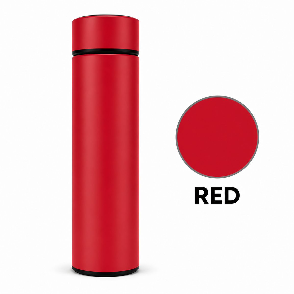 A matte red cylindrical bottle with a matching red cap, shown next to a circular red color swatch labeled 'RED' on a white background.