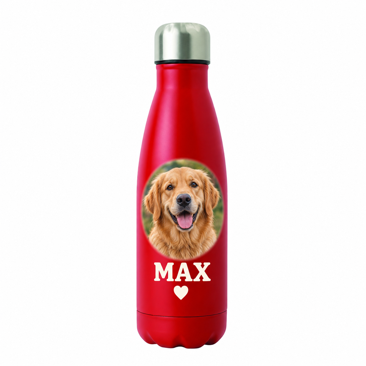 A red insulated water bottle with a silver cap, featuring a printed photo of a golden retriever dog and the name 'MAX' with a small heart on the front.