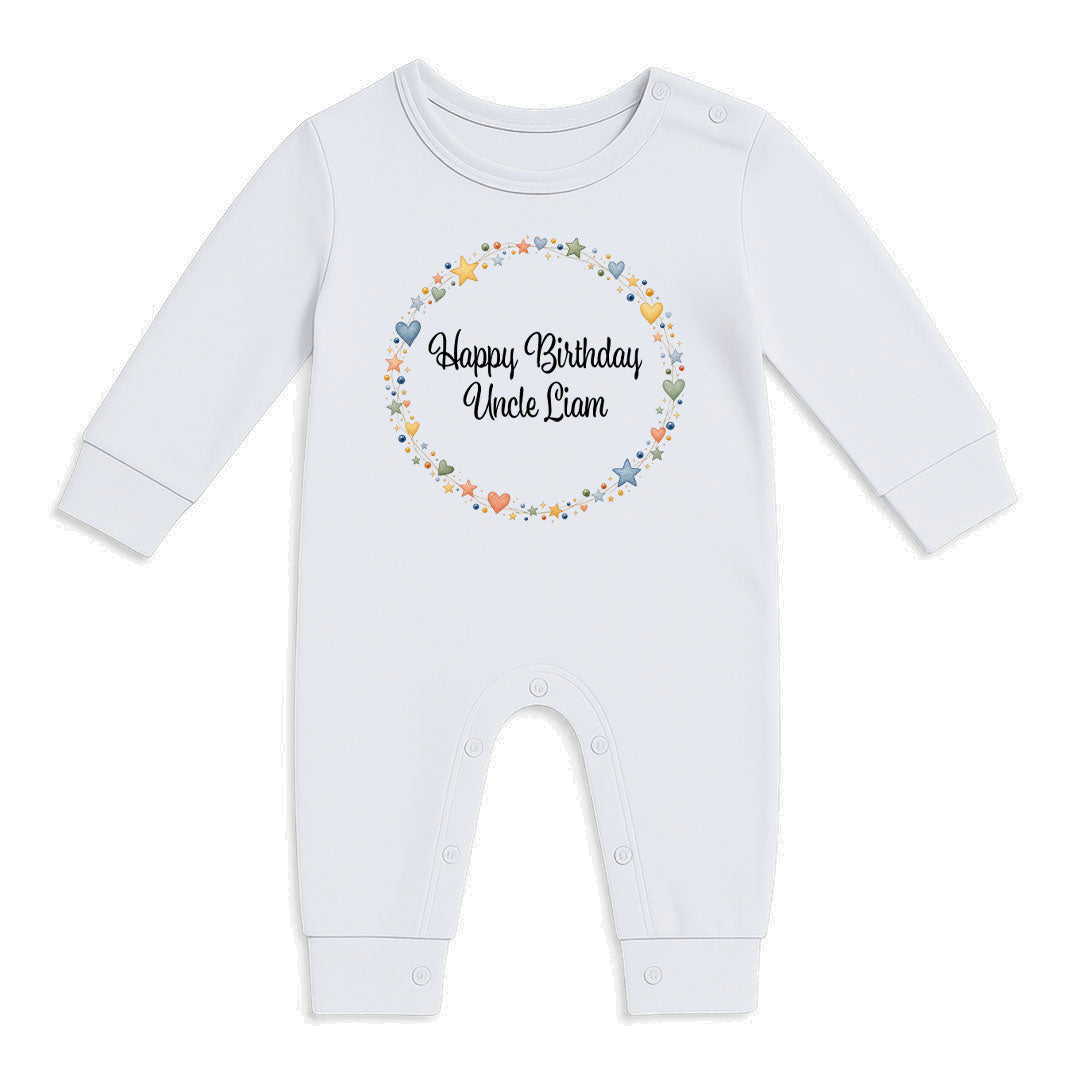 A white long-sleeve baby bodysuit with a 'Happy Birthday Uncle Liam' graphic in the center, surrounded by a colorful floral and star wreath, shown on a plain white background.