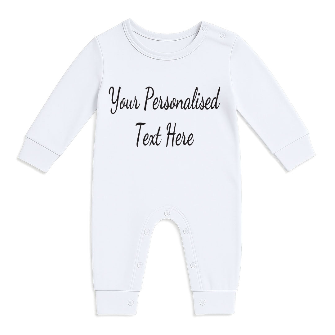 A white long-sleeve baby bodysuit with 'Your Personalised Text Here' printed in black script across the chest, displayed on a clean white background.