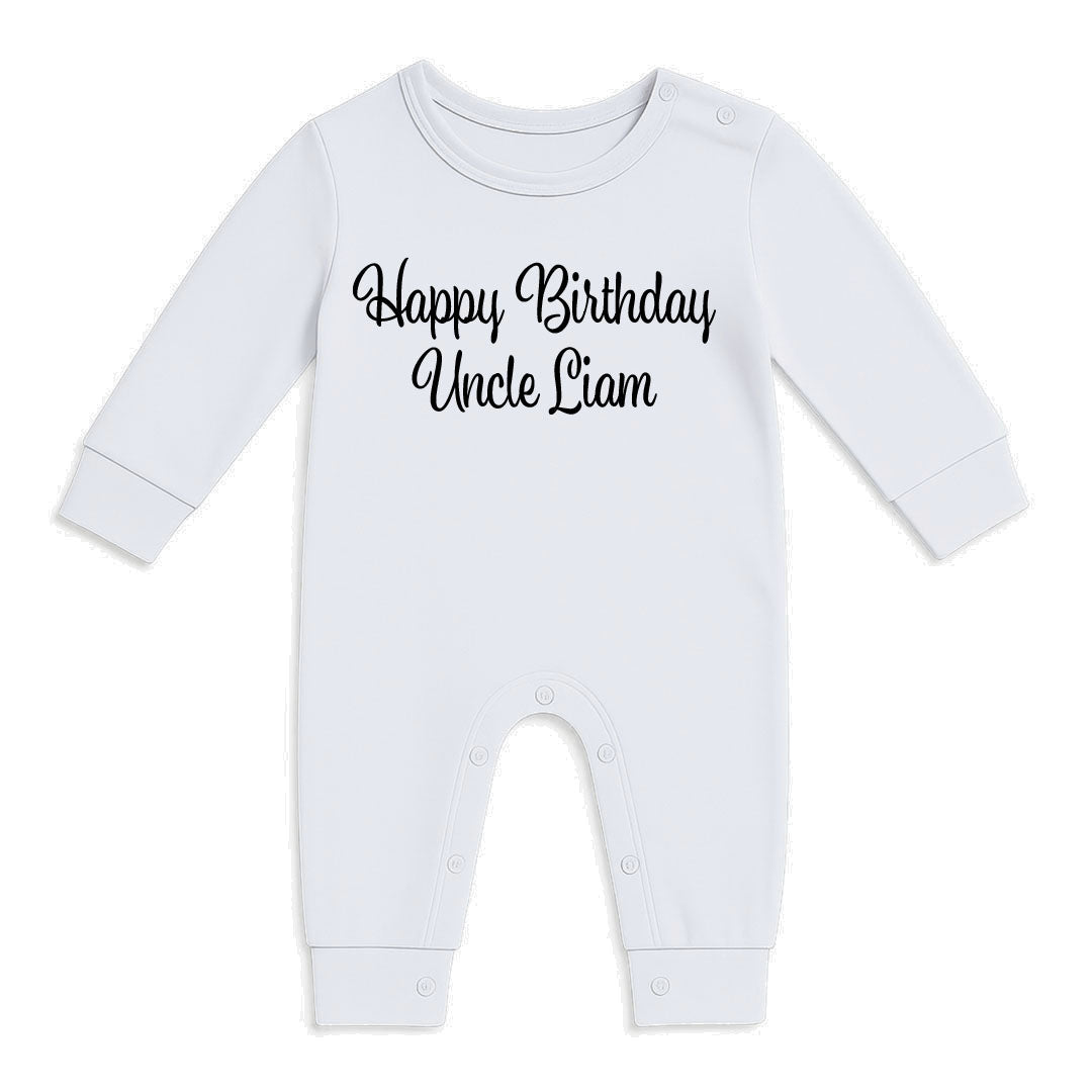 A white long-sleeve baby romper with 'Happy Birthday Uncle Liam' printed in black script across the chest, displayed on a clean white background.