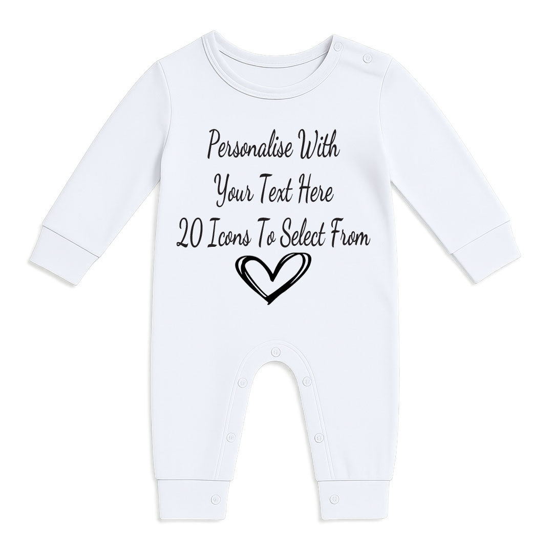 White baby romper with text and heart icon on a white background