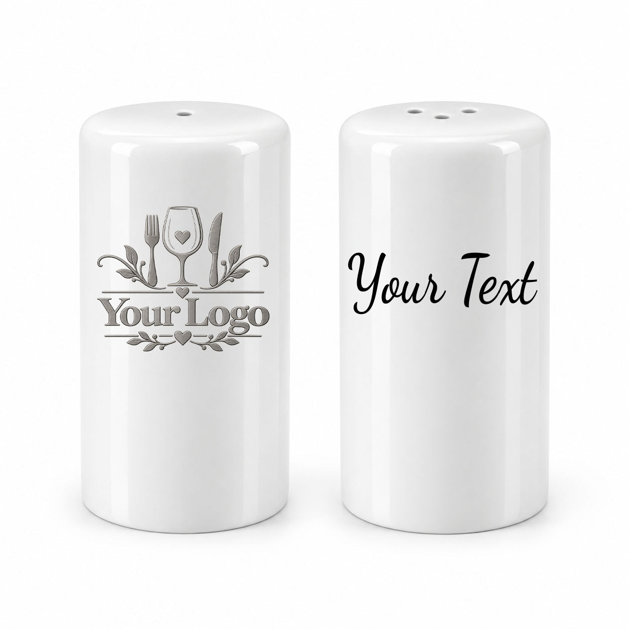 Two white cylindrical salt and pepper shakers shown side by side on a light gray background. The left shaker has a gray printed graphic of a wine glass, fork, knife, and the words 'Your Logo'.