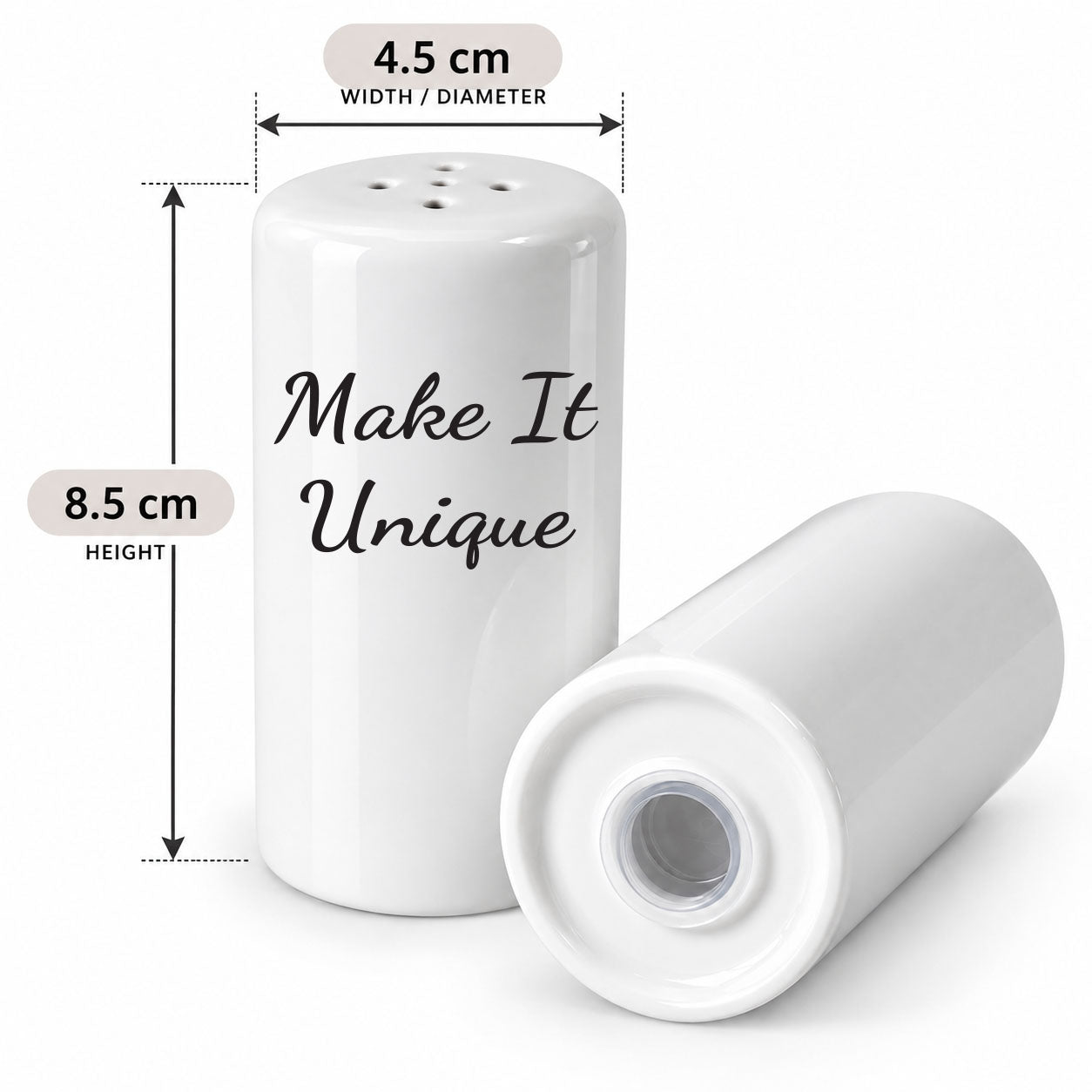 A white cylindrical shaker bottle shown on a light gray background with overlaid dimension arrows and labels indicating 8.5 cm height and 4.