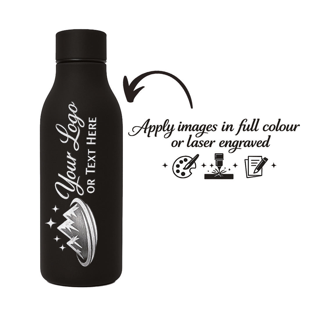Black water bottle with customizable text or logo on a white background