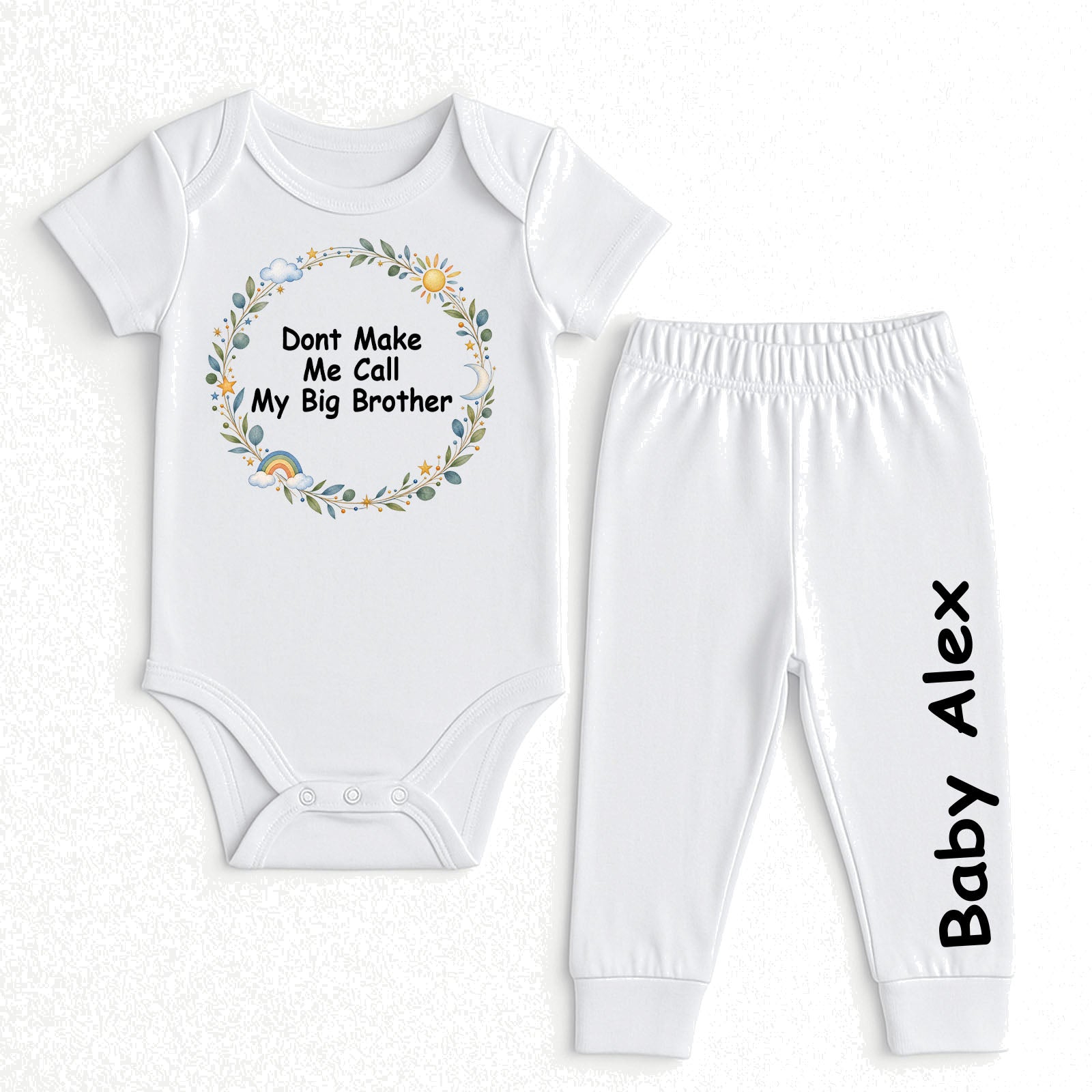 Short sleeve floral wreath design set with text on both garments