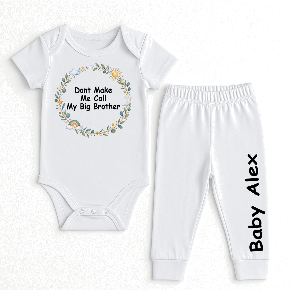 Short sleeve floral wreath design set with text on both garments