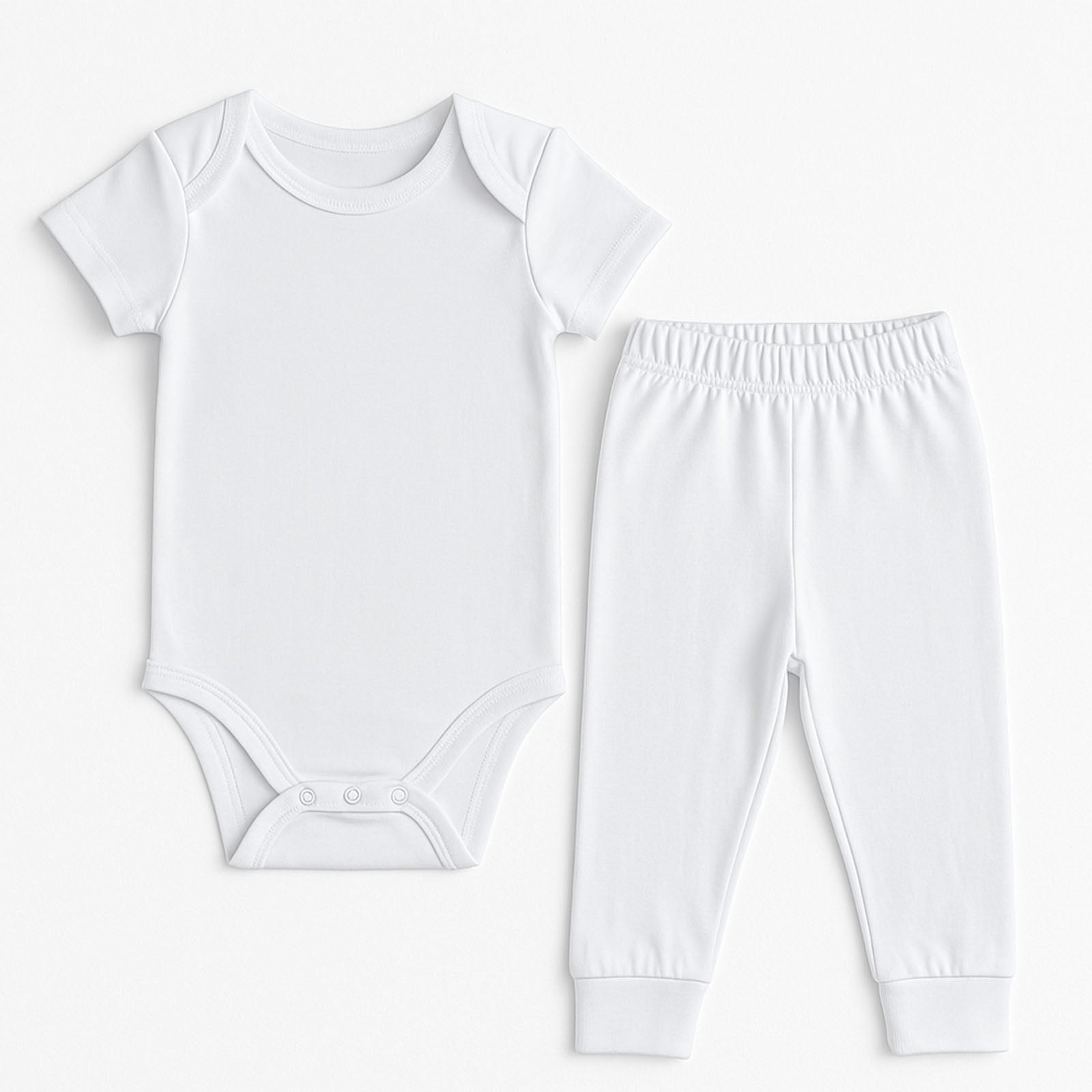 A two-piece baby clothing set consisting of a short-sleeve white bodysuit and matching white pants, laid flat on a clean white background.