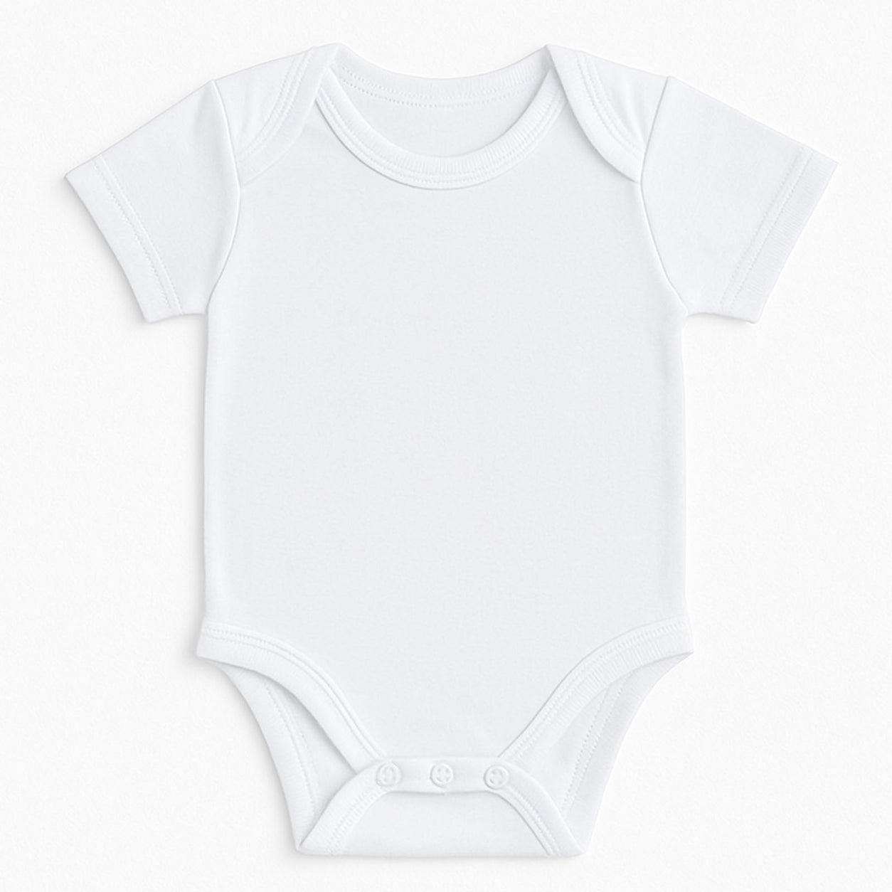 A plain white short-sleeve baby bodysuit with three snap buttons at the crotch, laid flat against a clean white background.