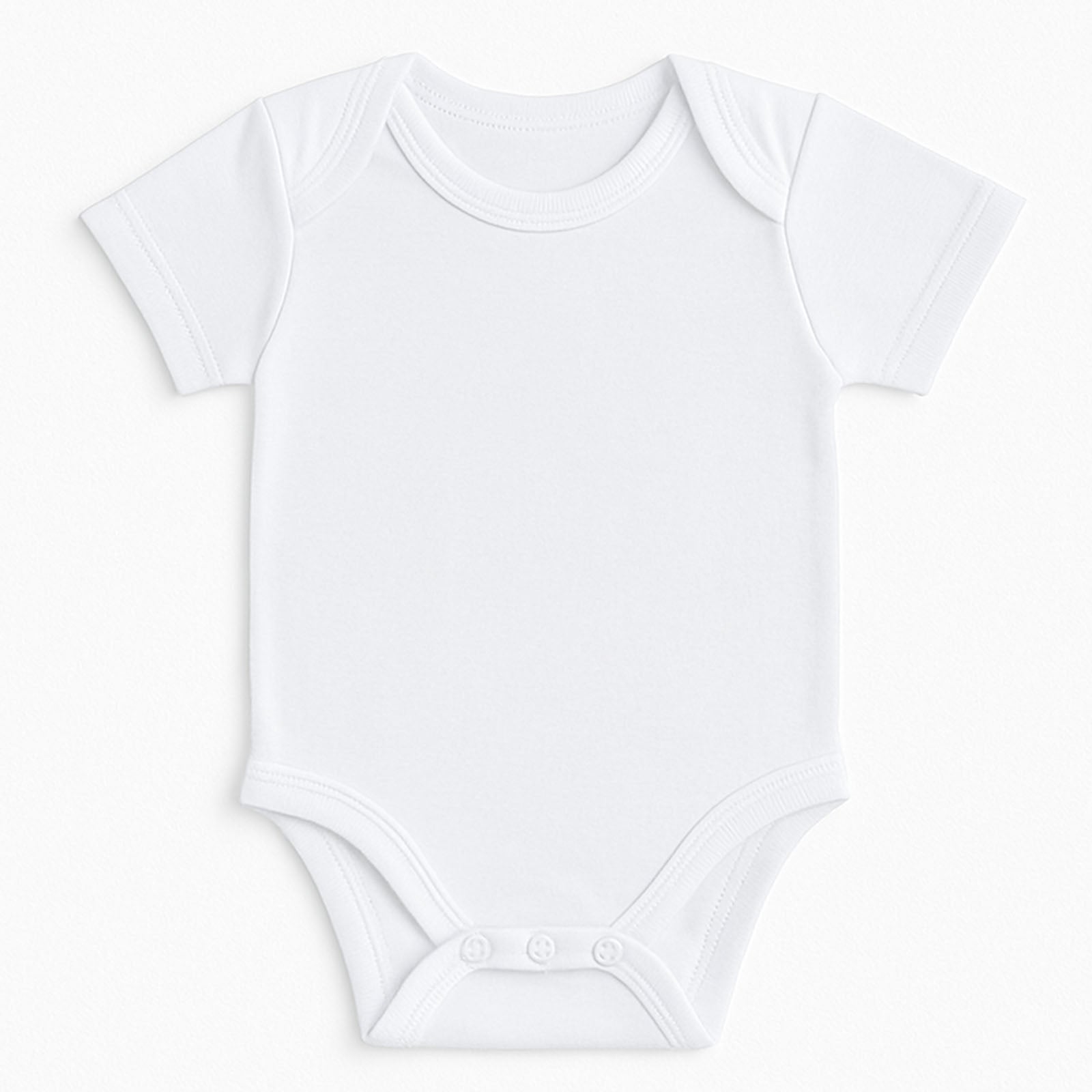 A plain white short-sleeve baby bodysuit with three snap buttons at the crotch, laid flat against a clean white background.