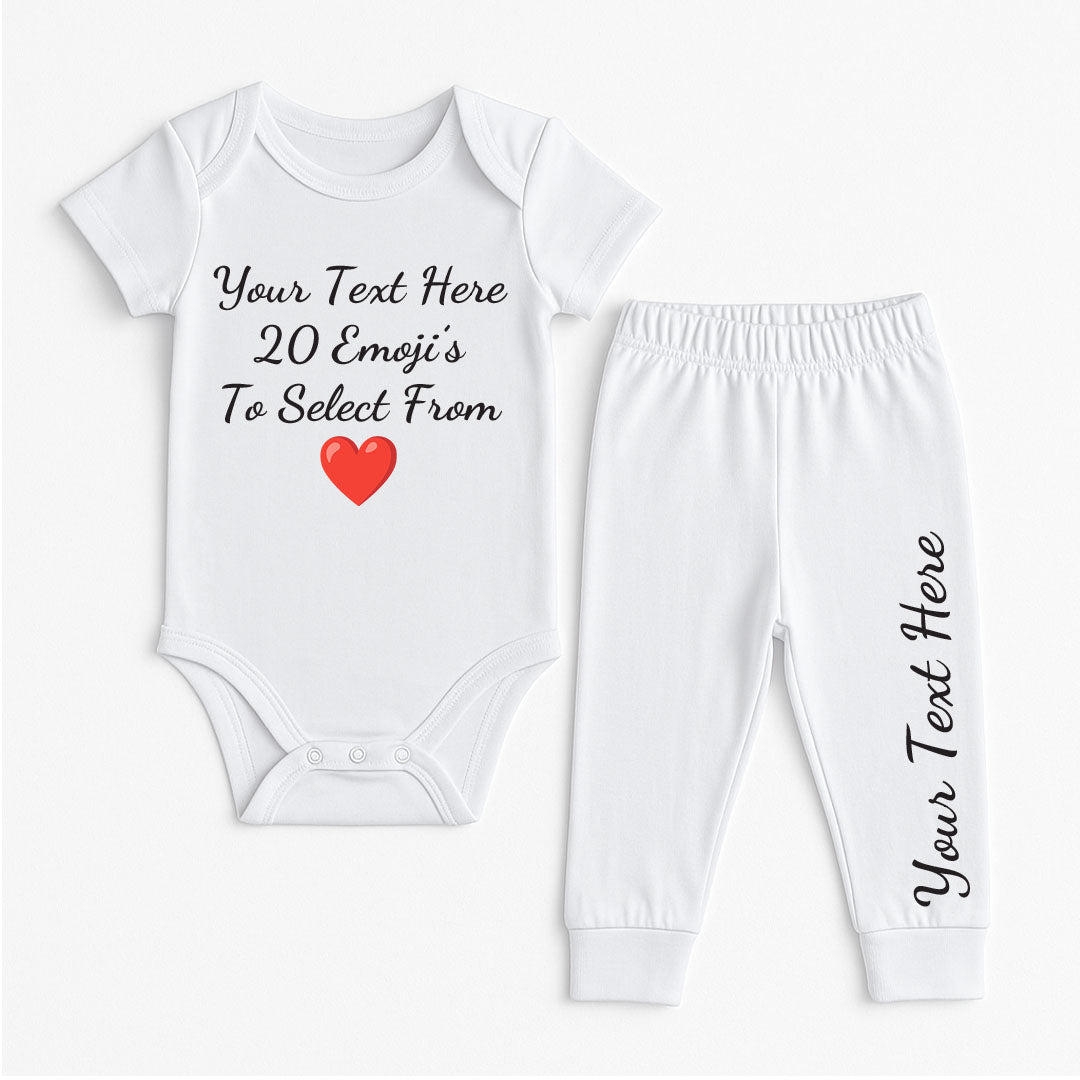 White baby outfit set featuring customizable text and 20 emoji options, short-sleeve bodysuit with matching pants labelled "Buy As Set Or Separate."