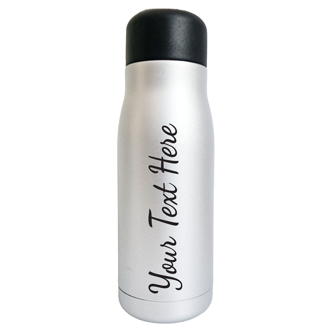 Silver insulated bottle with black text 'Your Text Here' on a white background