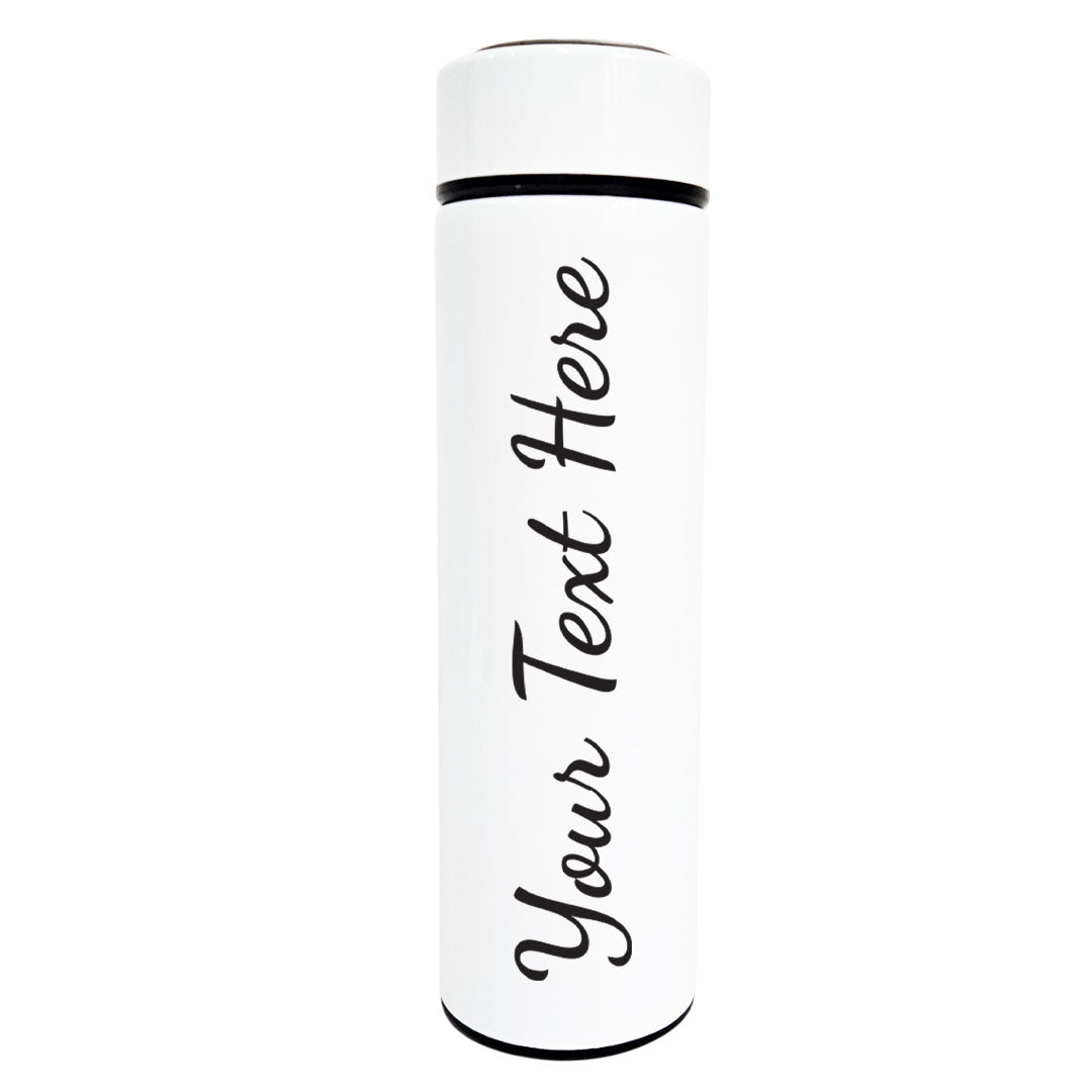 White insulated bottle with customizable text on a white background