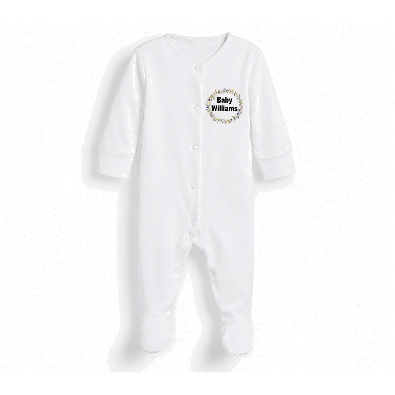 Sleepsuit with floral design closed feet soft with personalised text reading baby Williams