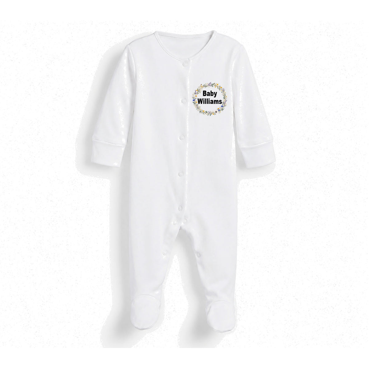 Sleepsuit with floral design closed feet soft with personalised text reading baby Williams