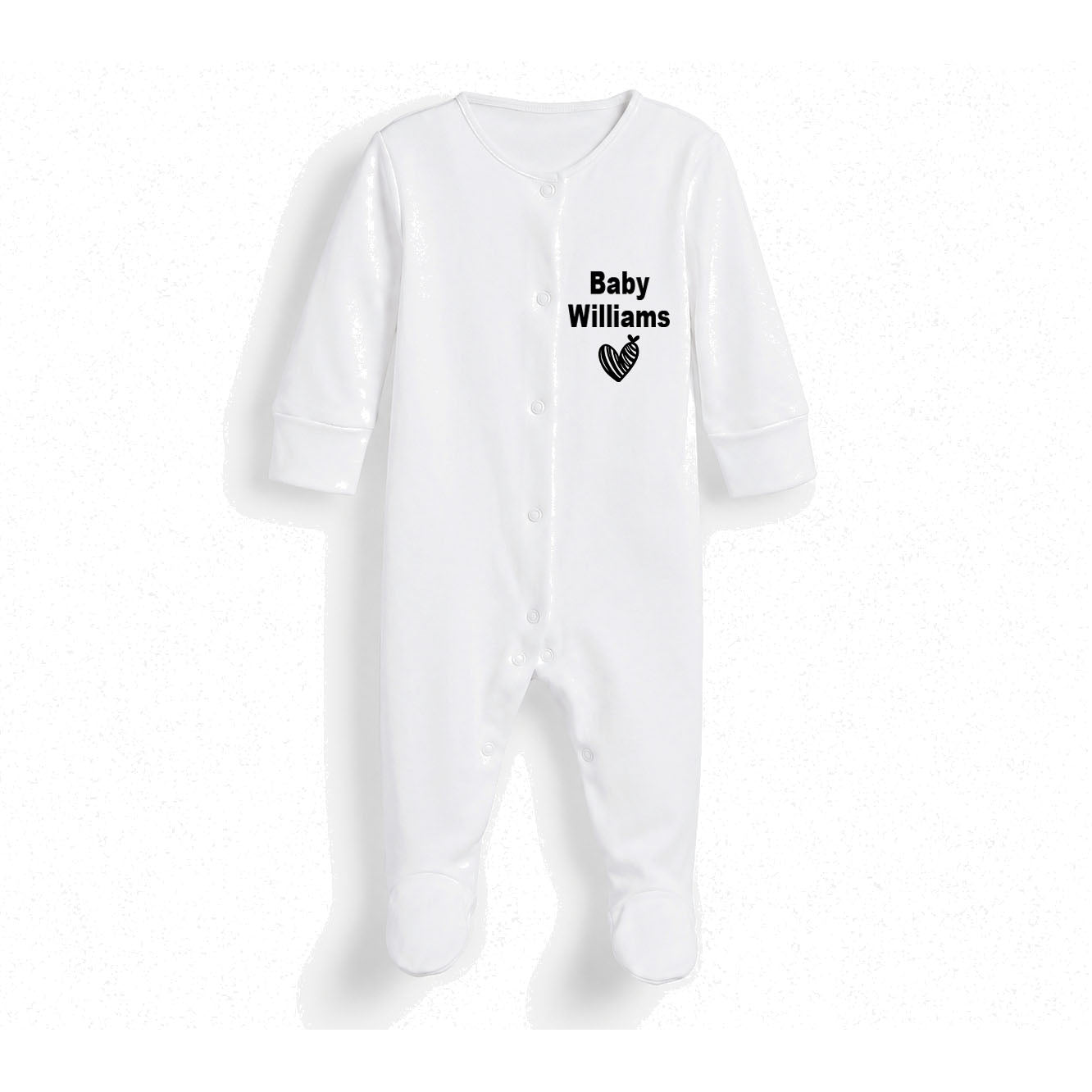 A white long-sleeve baby footed sleeper with snap closures and a black printed text graphic reading 'Baby Williams' with a small heart on the chest, shown against a white background.