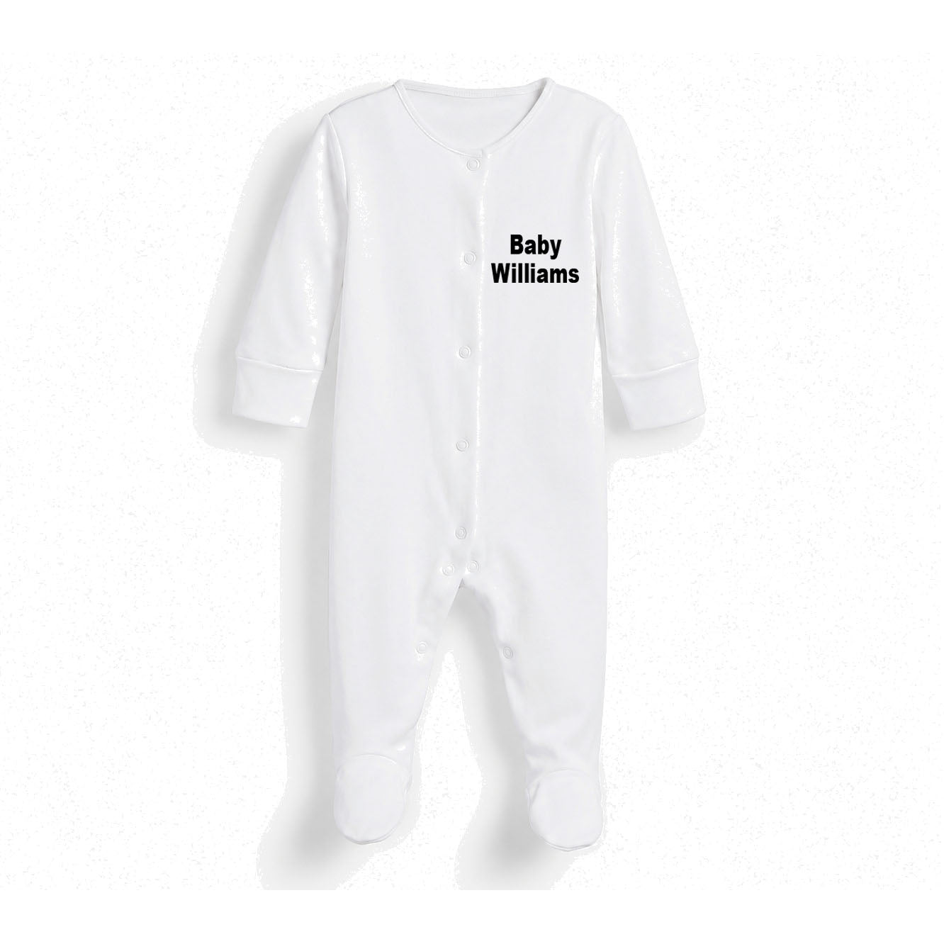 A white long-sleeve baby footed sleeper with snap closures and the text 'Baby Williams' printed in black on the chest, shown against a white background.