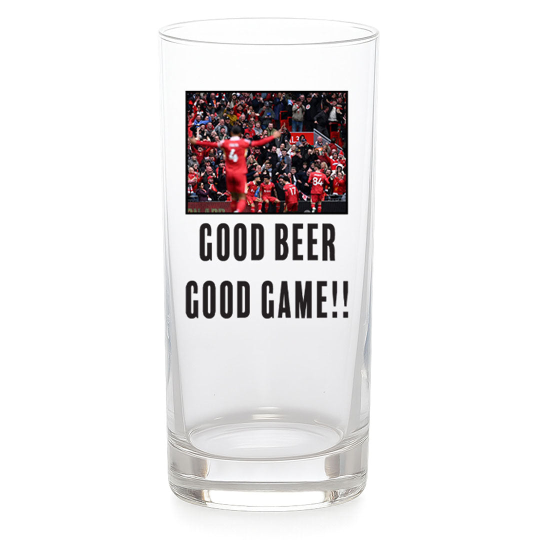 Personalised clear glass with a football match photo and "Good Beer Good Game!!" text. Perfect gift for sports fans, beer lovers, and special celebrations.
