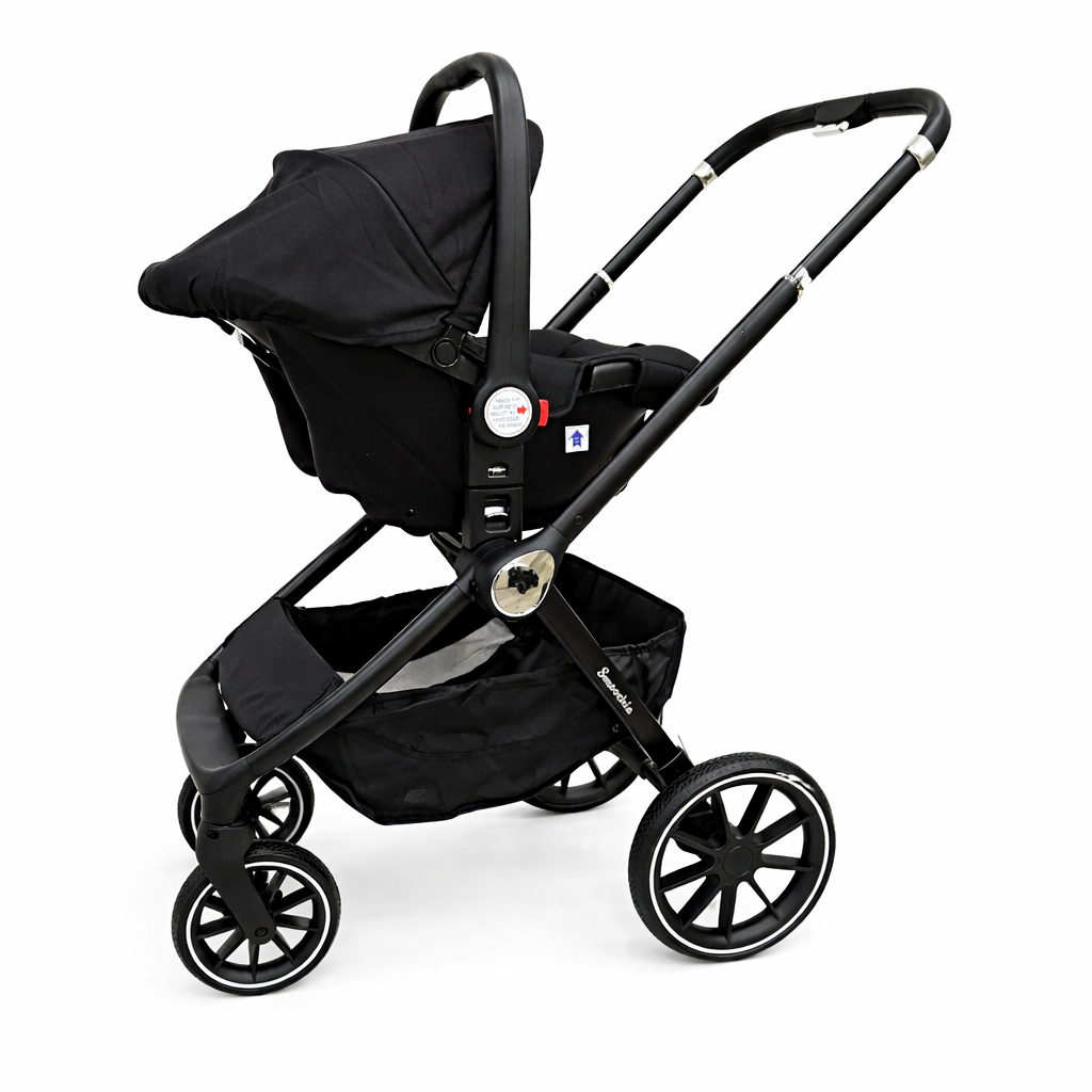Black stroller on a white background showcasing car seat attachment