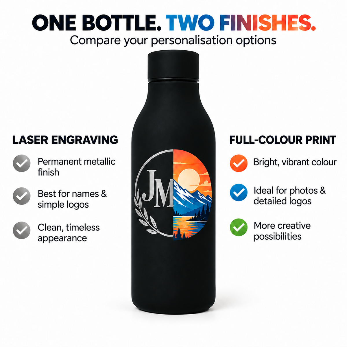 A matte black insulated bottle centered on a white background, with marketing text about laser engraving and full-color print options. The bottle has a circular mountain-and-lake graphic with a stylized 'JM' monogram on the front.