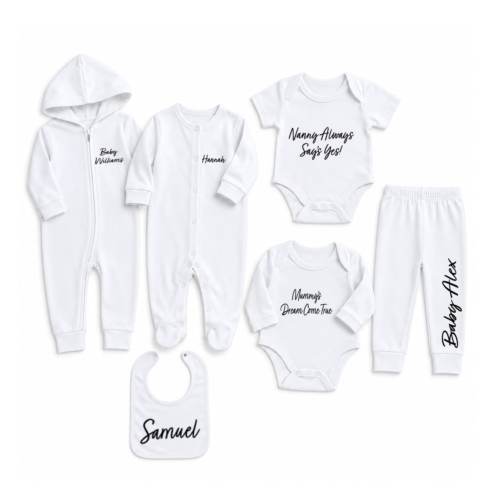 A 5-piece personalized baby clothing set in white, including a zip-up hooded jumpsuit, long-sleeve bodysuit, short-sleeve bodysuit, pants, and a bib, all laid out on a white background with black script text.