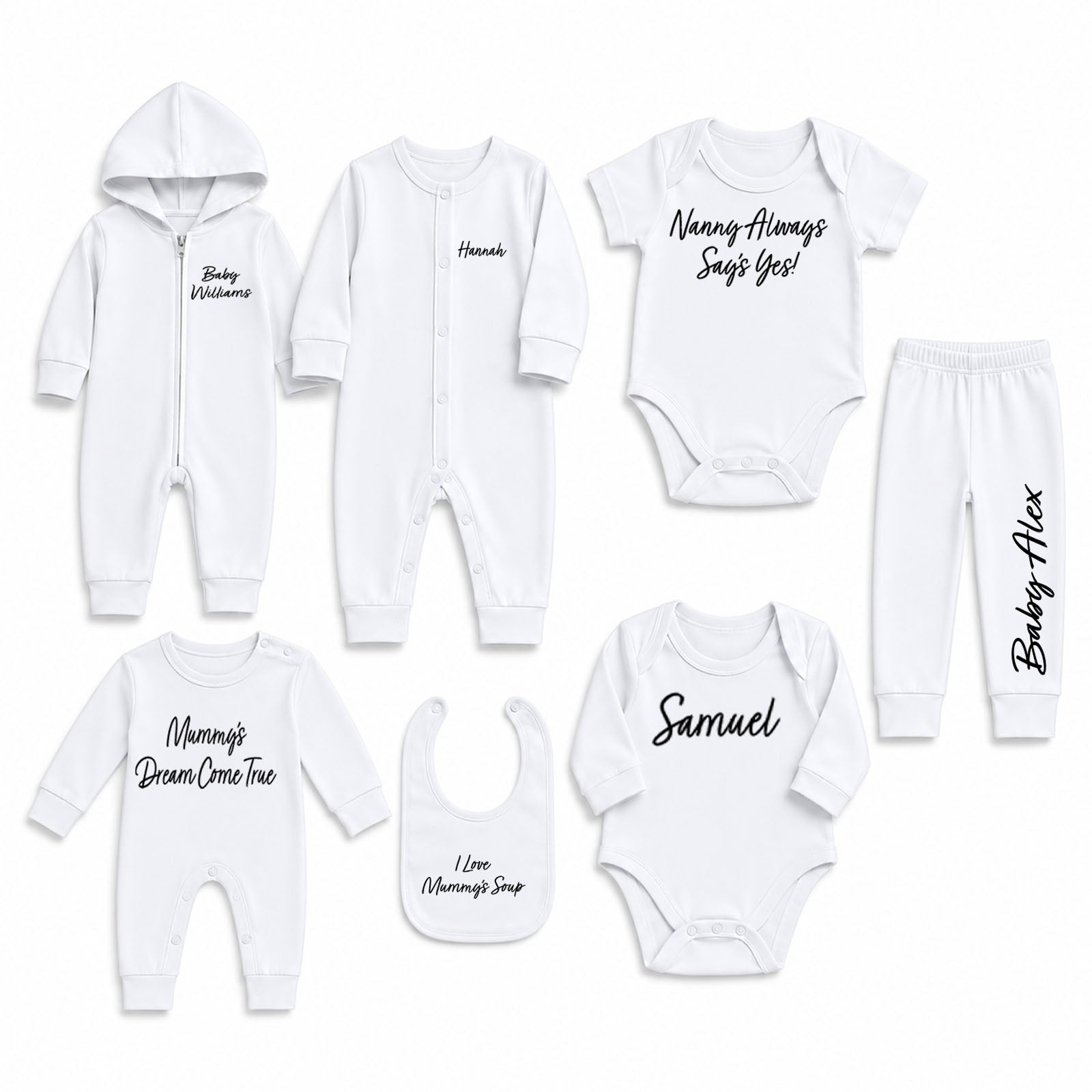A coordinated baby clothing set laid out on a white background, including a zip hooded romper, button-front romper, short-sleeve bodysuit with 'Nanny-Always Says Yes!', pants with 'Baby-Alex', a bib reading 'I Love Nanny's Soup', a long-sleeve bodysuit with 'Samuel', and a short-sleeve bodysuit with 'Nanny's Dream Come True'.
