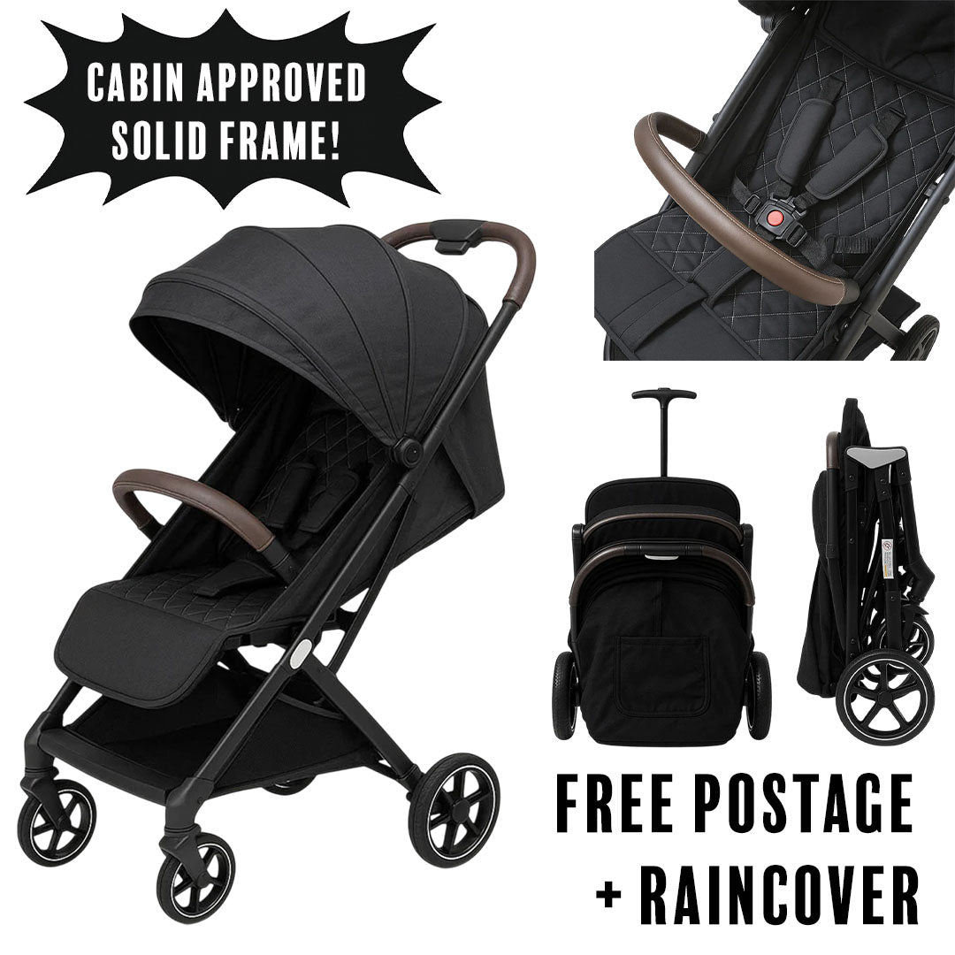 Strong durable black stroller cabin travel approved with free shipping and rain cover