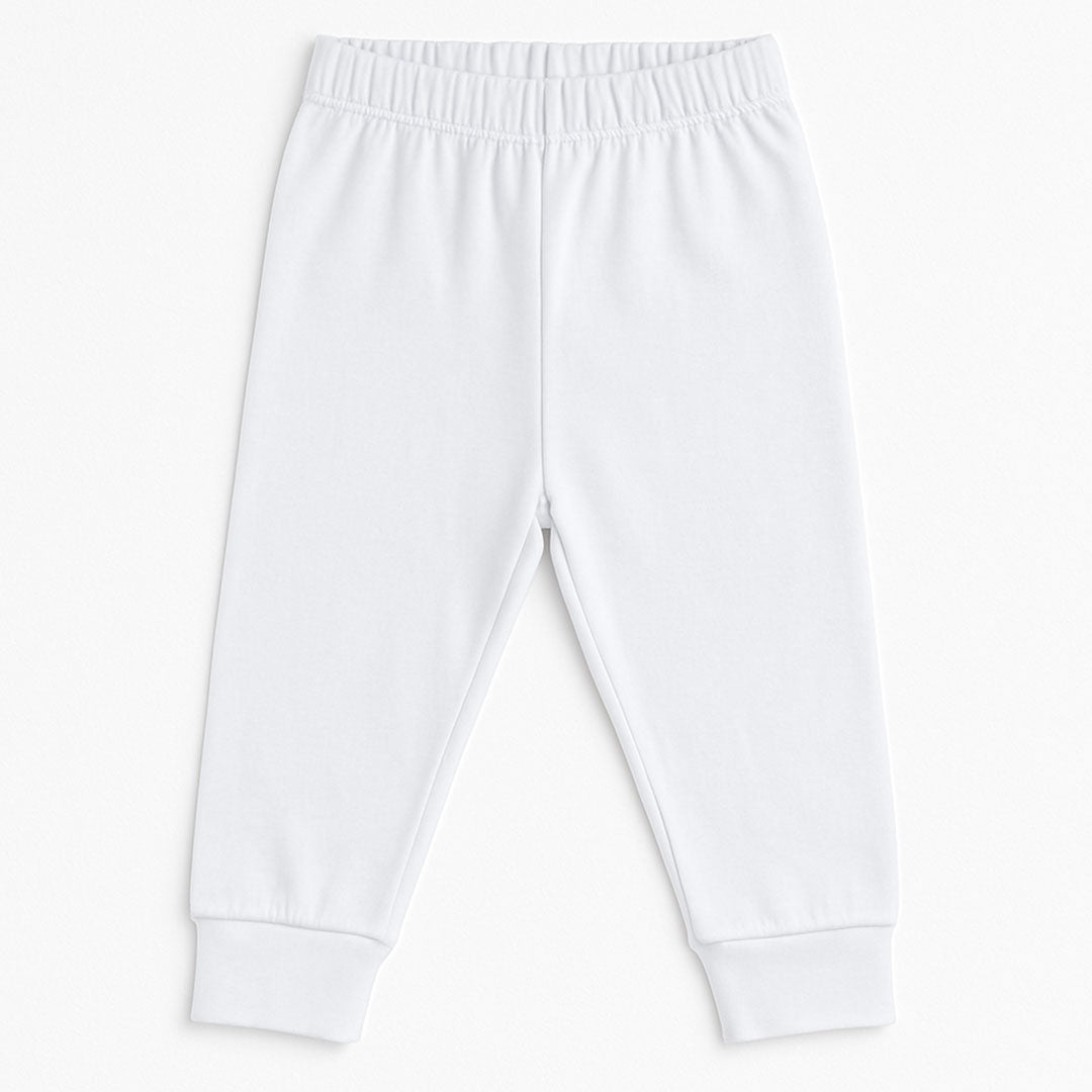 Classic plain white baby pants with elastic waistband and cuffed ankles, perfect for pairing with any baby bodysuit or top. A wardrobe essential for comfort and style.
