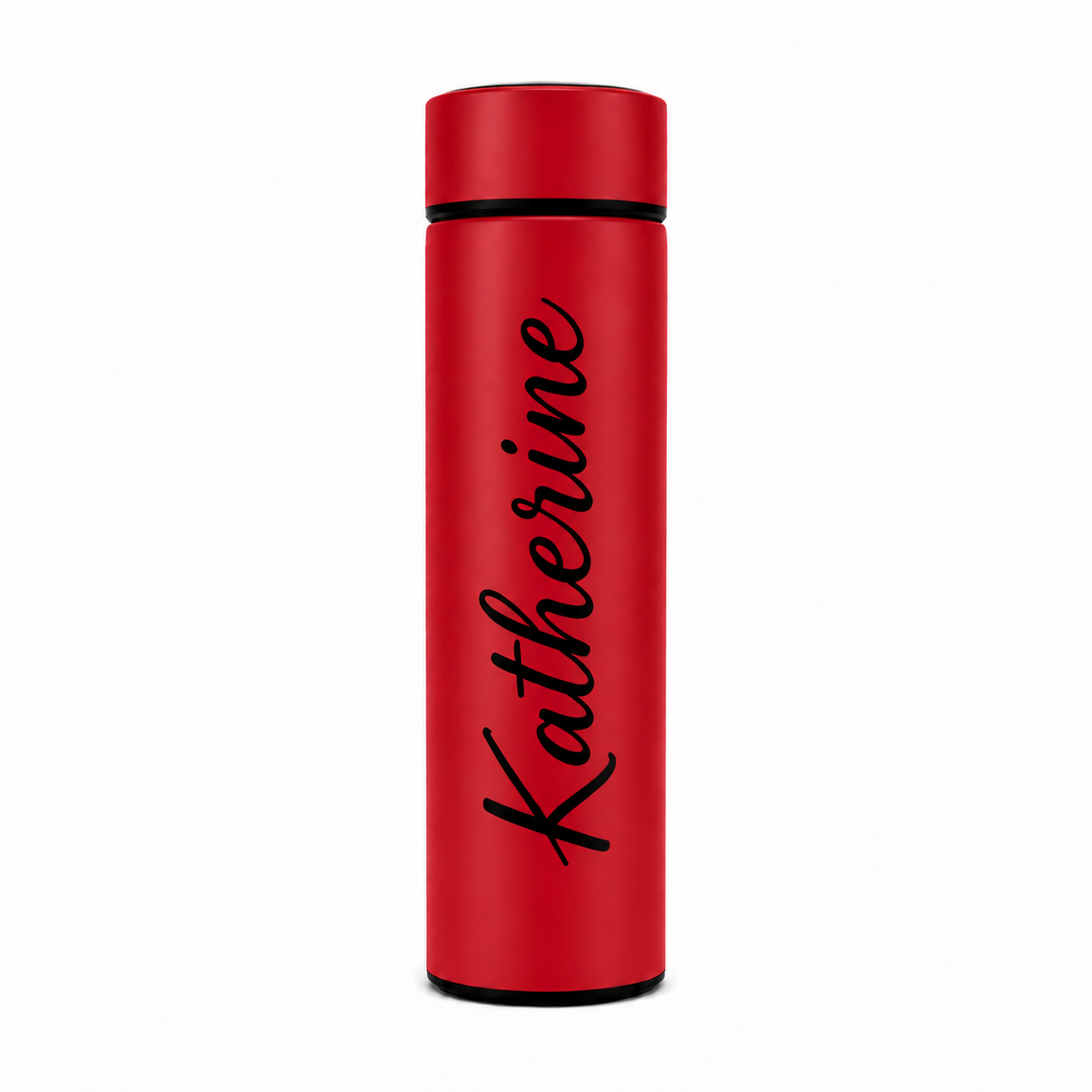 A red insulated water bottle with a matching red lid, featuring the name 'Katherine' printed vertically in black script on the front, set against a plain white background.