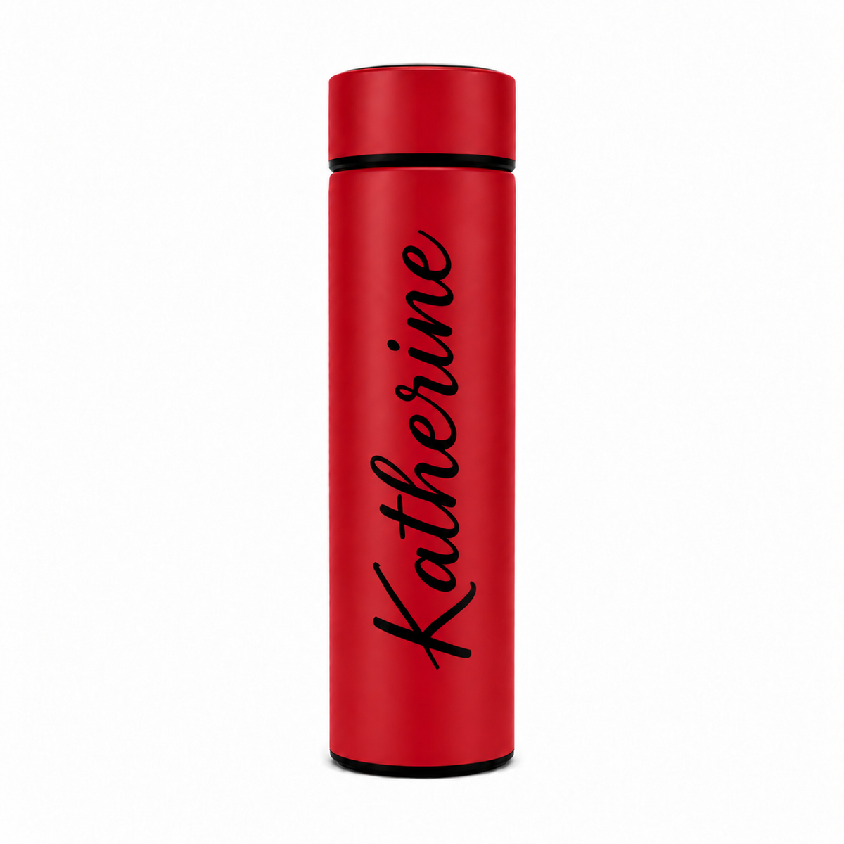 A red insulated water bottle with a matching red lid, featuring the name 'Katherine' printed vertically in black script on the front, set against a plain white background.