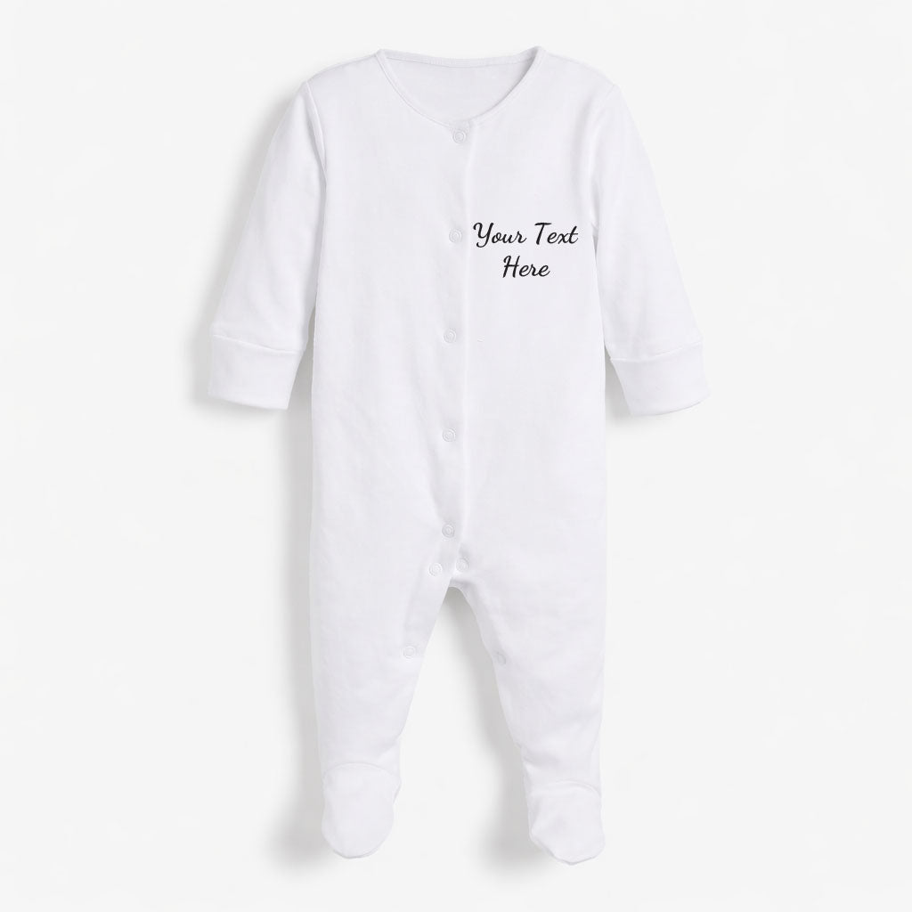 White baby onesie with customizable text on a white background
