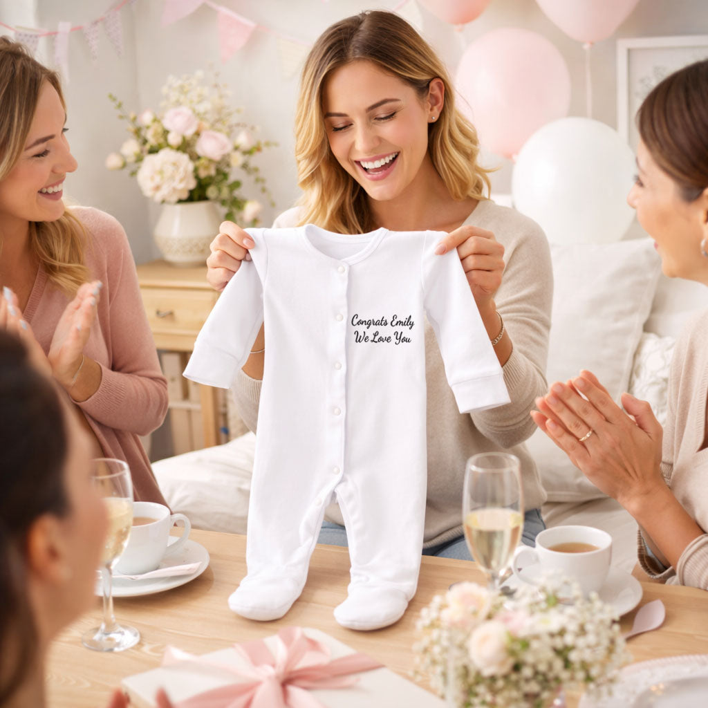 Woman holding a baby onesie with text at a baby shower, surrounded by friends.