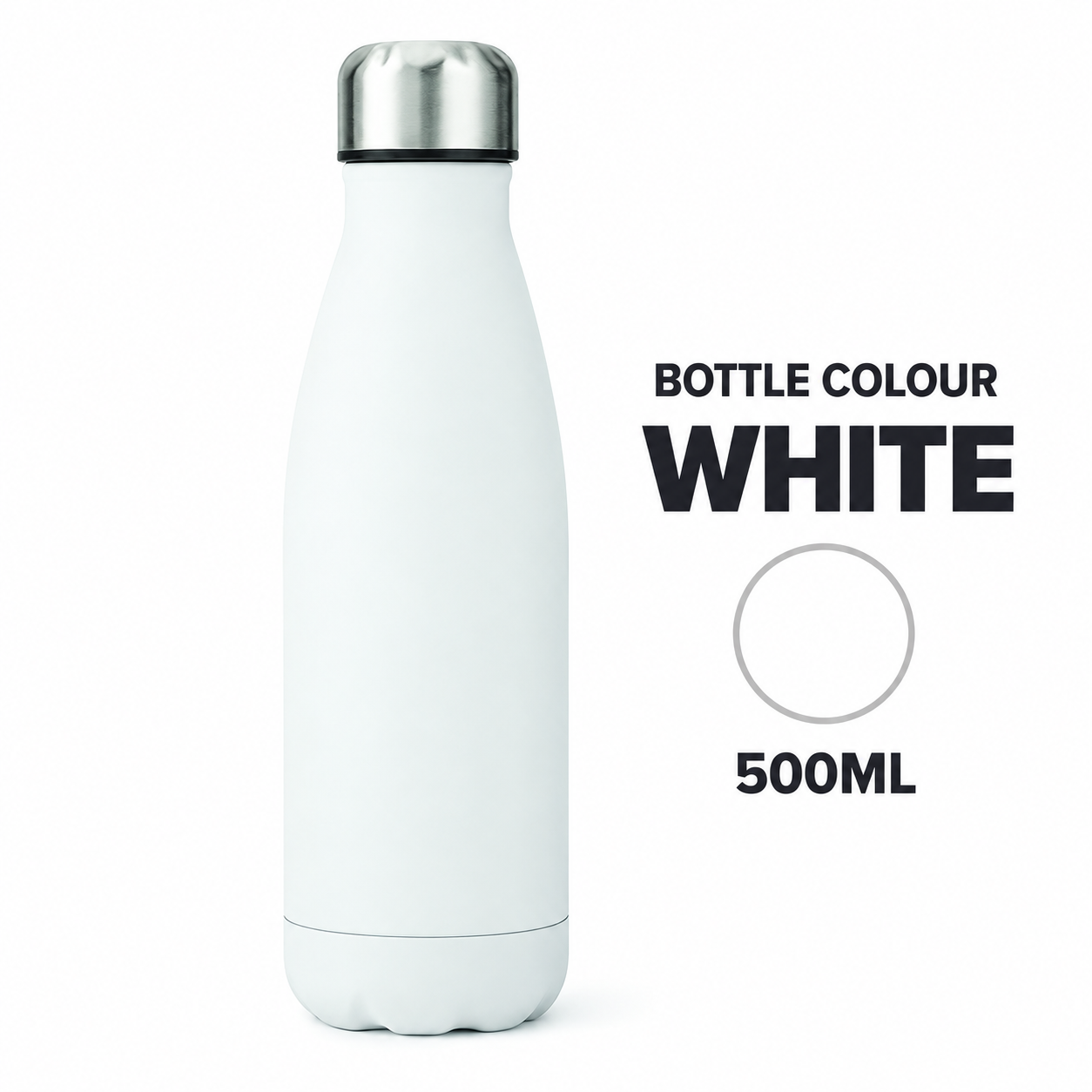 A matte white 500ml insulated water bottle with a brushed silver stainless steel cap, shown next to text indicating 'BOTTLE COLOUR WHITE' and '500ML' on a clean white background.