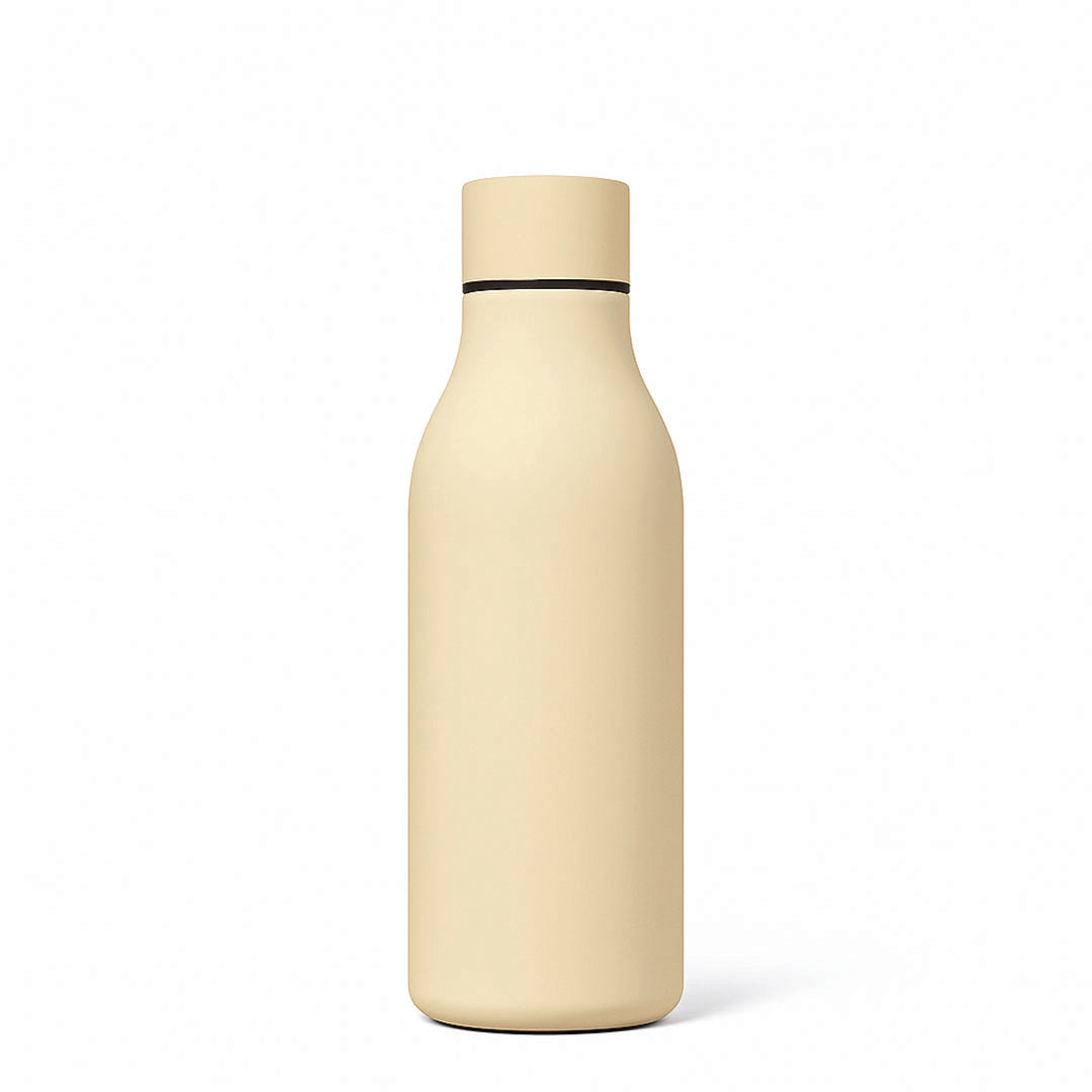 Cream-colored water bottle with black band on a white background