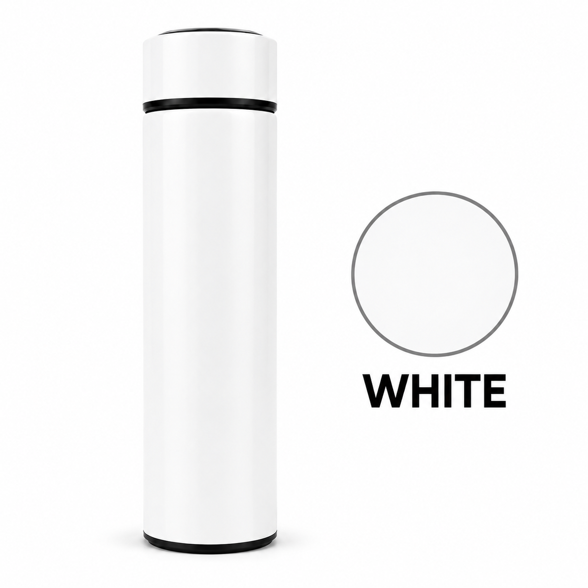 A tall white cylindrical container or canister with black trim at the top and bottom, shown on a white background next to a circular color swatch labeled WHITE.