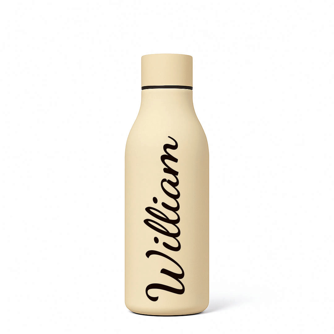 Cream water bottle with 'William' printed on a white background