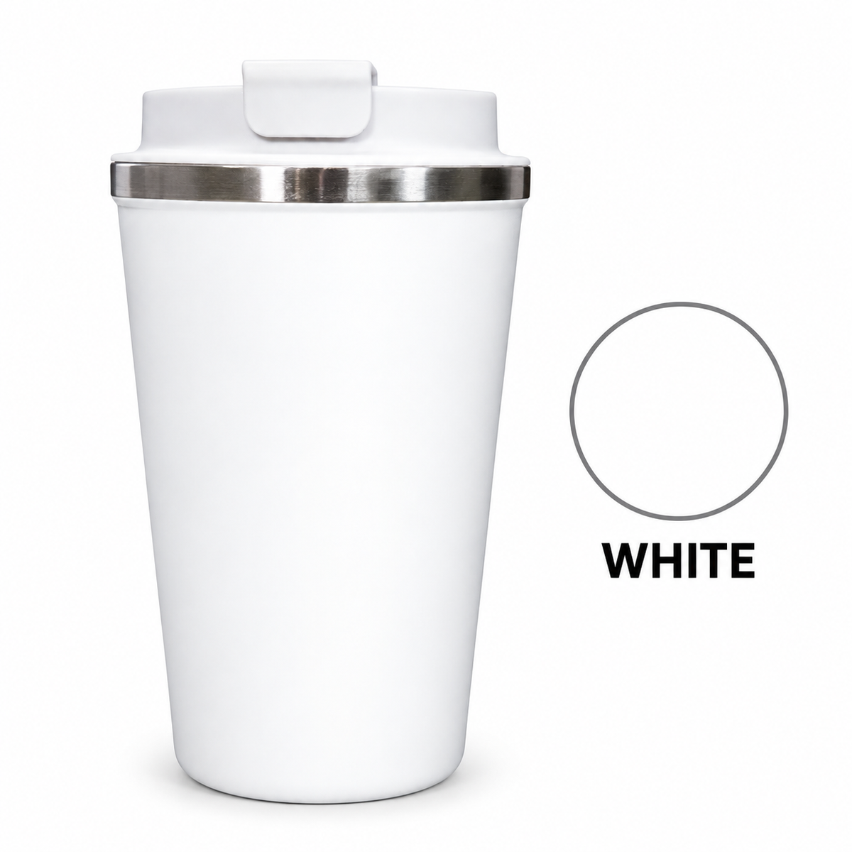 A white insulated travel tumbler with a matching white lid and a metallic silver rim, shown on a white background with a circular color swatch and the word 'WHITE' to the right.