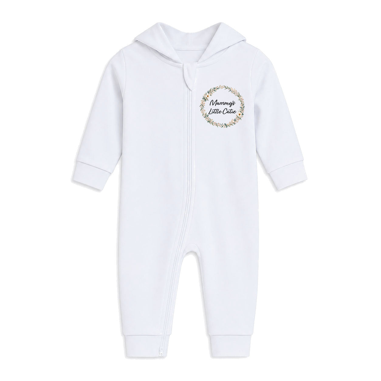 A white long-sleeve baby hooded romper with a front zipper, featuring a circular floral graphic on the left chest with the text 'Memorably Little Cuddie'.
