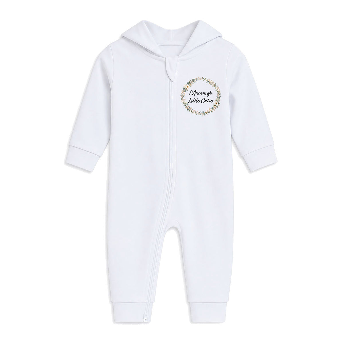 A white long-sleeve baby hooded romper with a front zipper, featuring a circular floral graphic on the left chest with the text 'Memorably Little Cuddie'.